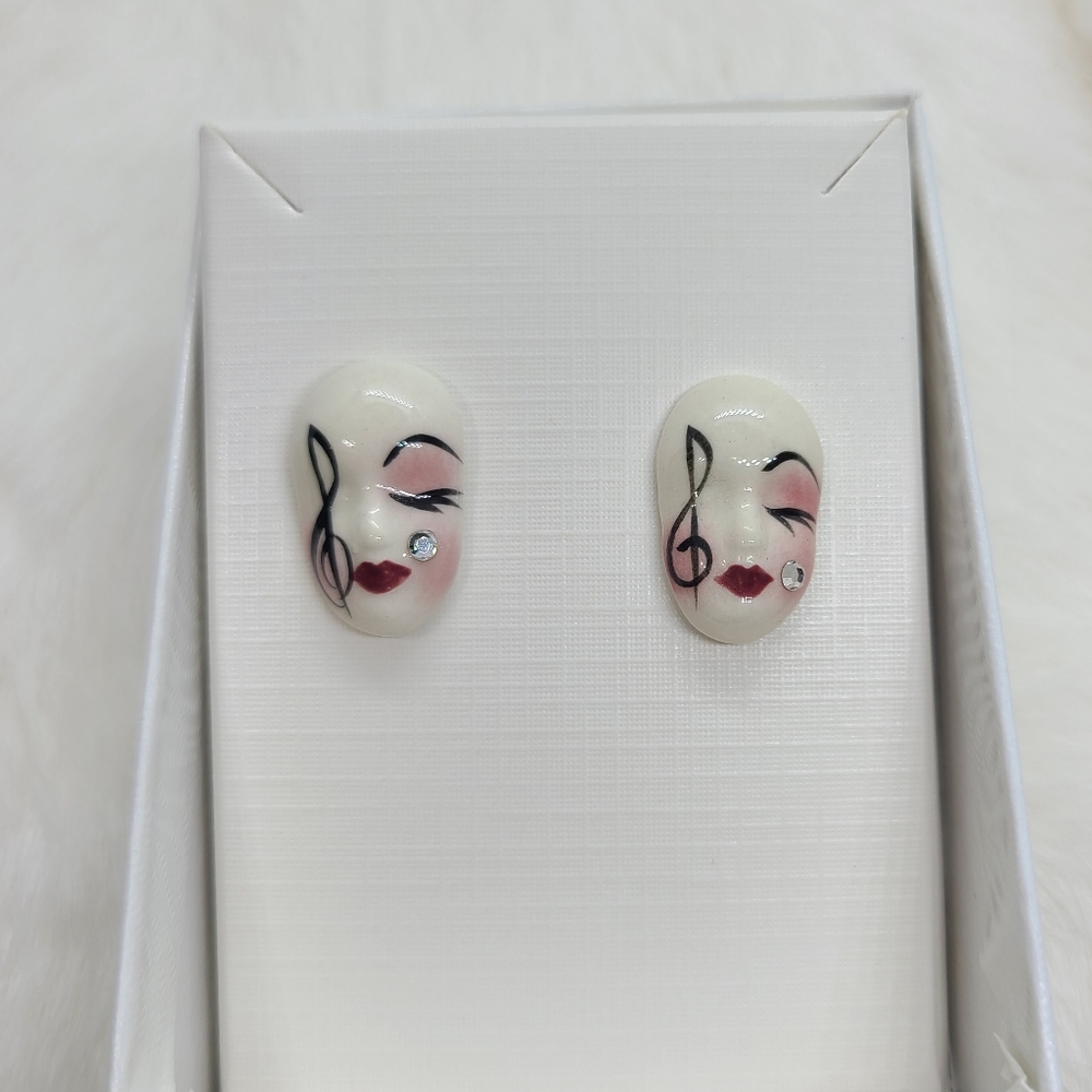 Vintage Fancy Faces Hand Painted Porcelian Treble Clef Stud Earrings
